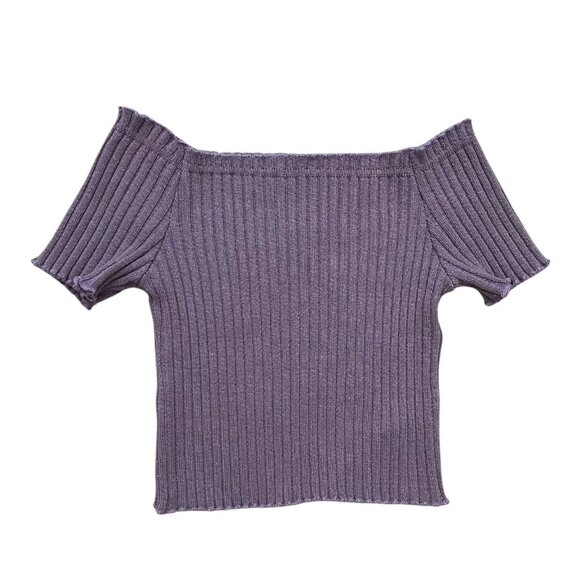 Windsor Ribbed Off the Shoulder Crop Top Purple S Cottagecore Pastel Festival - Picture 2 of 6